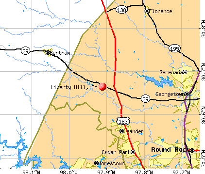 Map showing Liberty Hill, Texas location marked with a star